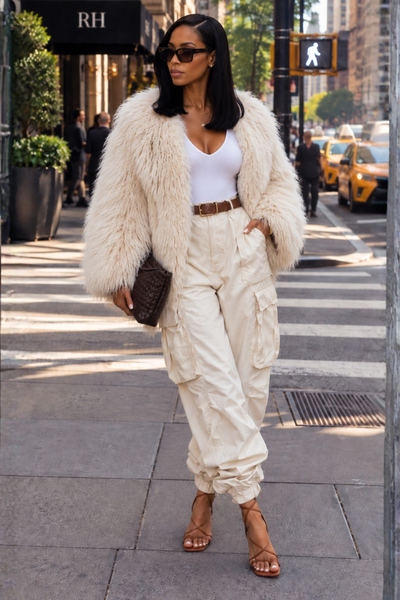Beige Fluff Me Woolen Faux Fur Jacket