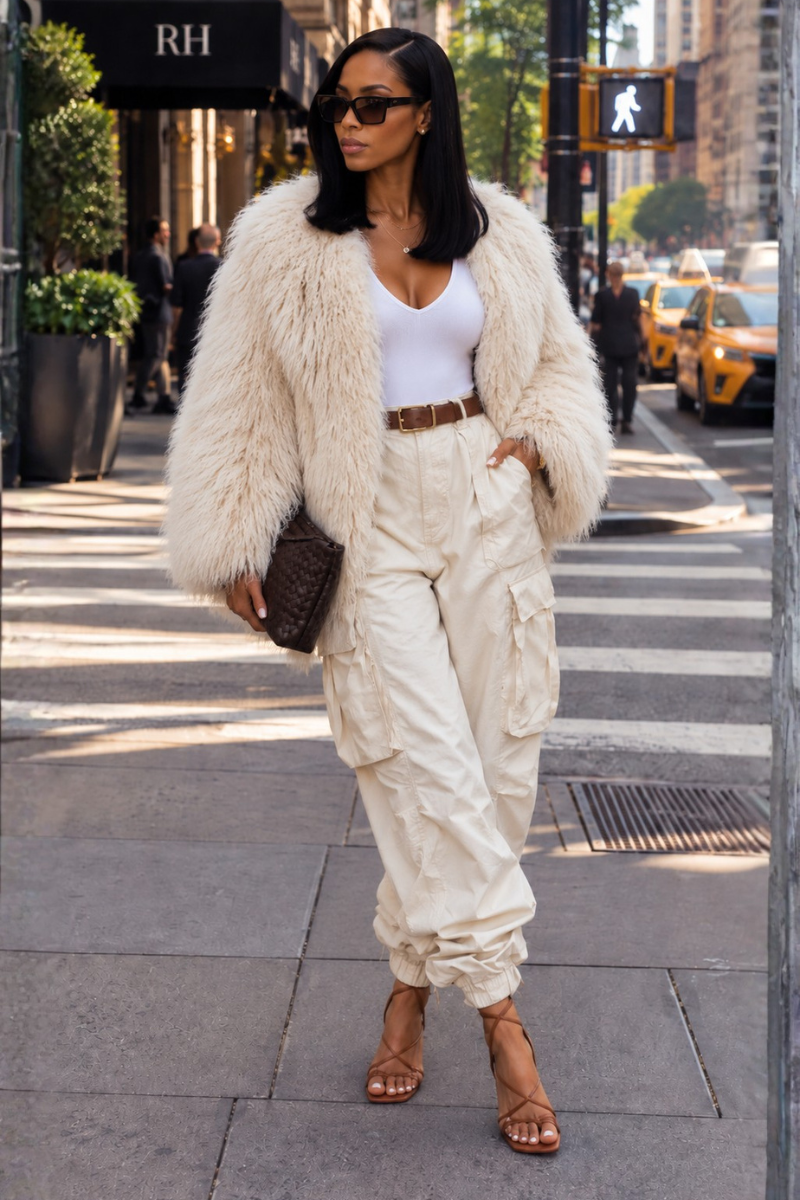 Beige Fluff Me Woolen Faux Fur Jacket